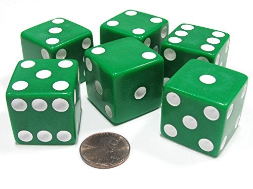 Koplow Games Set of 6 D6 25mm Large Opaque Jumbo Dice Green with White Pip - Image 1