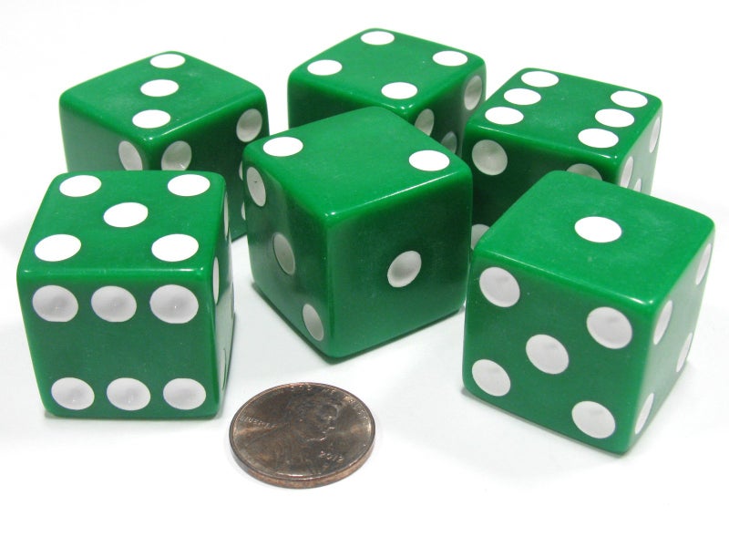 Koplow Games Set of 6 D6 25mm Large Opaque Jumbo Dice Green with White Pip - Image 2