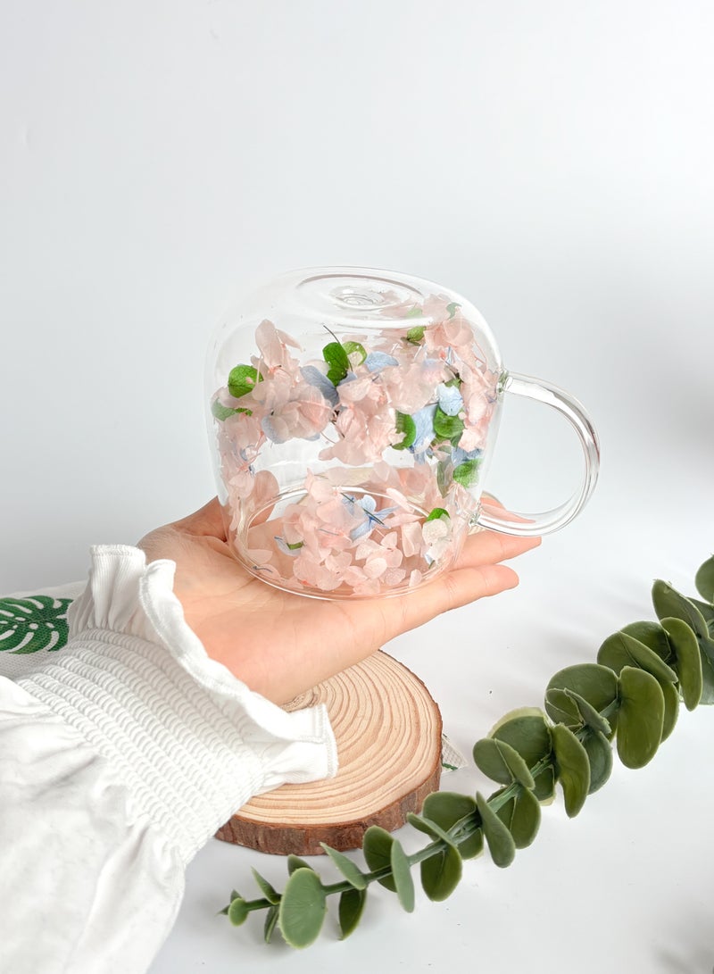 YOLOLAND Double Walled Insulated Glass Coffee Mug 250ml Transparent Clear Cup with Pink Flower Petals for Everyday Use Tea Matcha Home Office Gift - Image 1