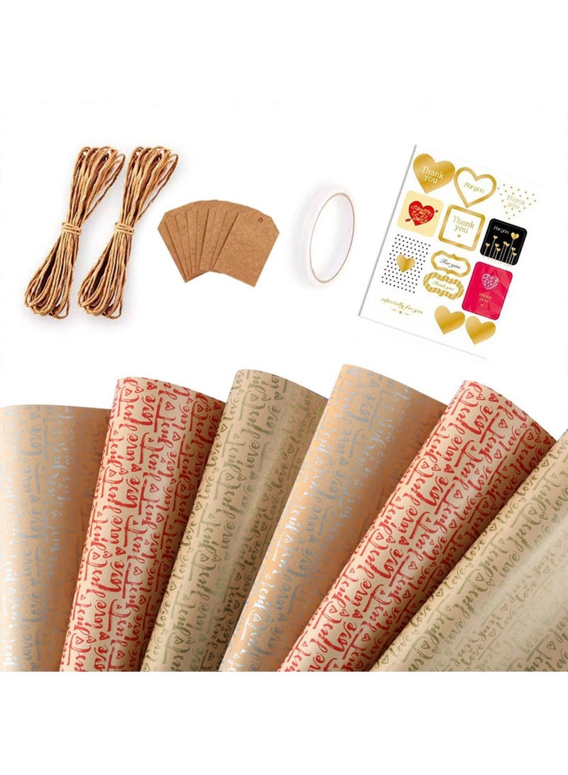 6 Sheets Gift Wrapping Paper Set with Love Couple Boyfriend and Girlfriend Series Paper for Her Him Girls Boys Gift for Party Birthday Holiday Wedding - Image 1