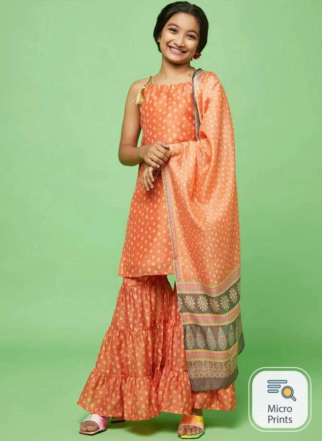 أيه كيه إس Orange Bandhani Printed Kurta Set for Girls