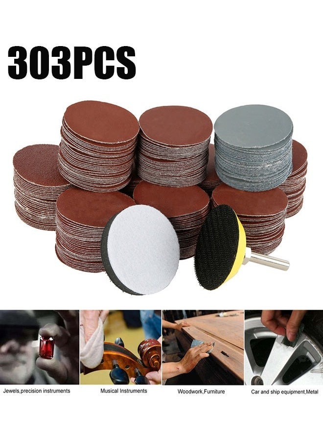 303 Pcs Sanding Discs Pads 50 mm Hook and Loop Pads with a Quarter inch Shank Backing Pad and Foam Buffering Pad - Image 1