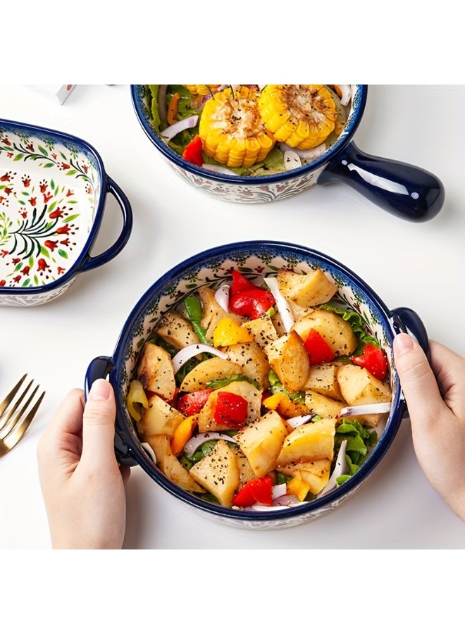 يو أو أو بوكس أوعية خزفية مرسومة يدويًا، وعاء خبز ملون بمقبض، مناسب للسلطات والشواء، صينية أرز بالجبن، أواني خبز دائرية، طقم أواني خبز، طبق كسرولة للطبخ، مناسب للكيك والعشاء، أدوات مطبخ، تقنية الرسم اليدوي، تصميم زهرة البانسيه ثلاثية الألوان، وعاء خبز للفرن. - Image 3