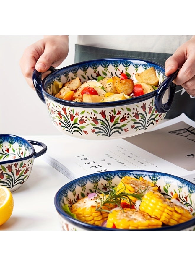 يو أو أو بوكس أوعية خزفية مرسومة يدويًا، وعاء خبز ملون بمقبض، مناسب للسلطات والشواء، صينية أرز بالجبن، أواني خبز دائرية، طقم أواني خبز، طبق كسرولة للطبخ، مناسب للكيك والعشاء، أدوات مطبخ، تقنية الرسم اليدوي، تصميم زهرة البانسيه ثلاثية الألوان، وعاء خبز للفرن. - Image 4