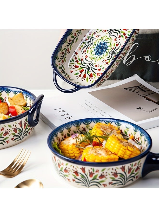 يو أو أو بوكس أوعية خزفية مرسومة يدويًا، وعاء خبز ملون بمقبض، مناسب للسلطات والشواء، صينية أرز بالجبن، أواني خبز دائرية، طقم أواني خبز، طبق كسرولة للطبخ، مناسب للكيك والعشاء، أدوات مطبخ، تقنية الرسم اليدوي، تصميم زهرة البانسيه ثلاثية الألوان، وعاء خبز للفرن. - Image 2