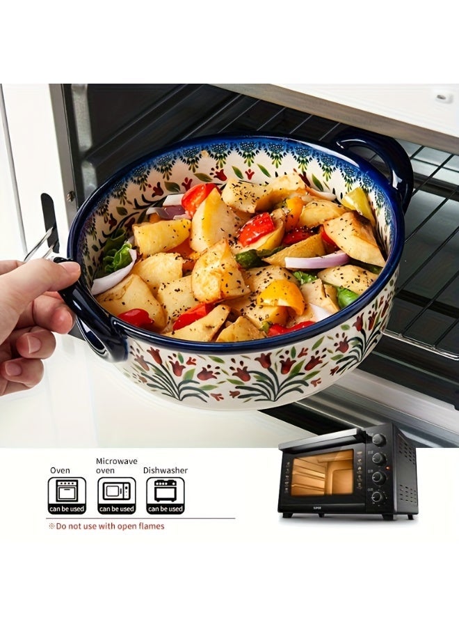 يو أو أو بوكس أوعية خزفية مرسومة يدويًا، وعاء خبز ملون بمقبض، مناسب للسلطات والشواء، صينية أرز بالجبن، أواني خبز دائرية، طقم أواني خبز، طبق كسرولة للطبخ، مناسب للكيك والعشاء، أدوات مطبخ، تقنية الرسم اليدوي، تصميم زهرة البانسيه ثلاثية الألوان، وعاء خبز للفرن. - Image 1