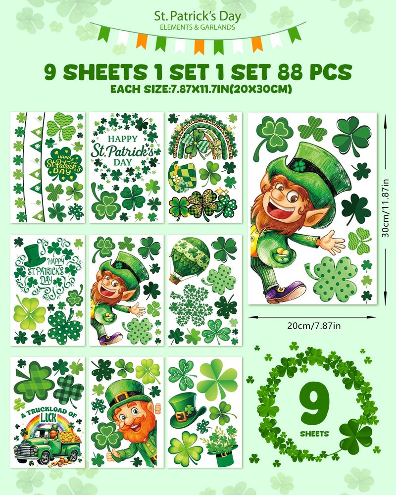 JMHACHY St Patricks Day Window Clings - 9 Sheets 88Pcs Reusable Saint Patricks Day Decorations for Home Office, Shamrock Rainbows Window Stickers for Glass, Double-Sided Large Decals - Image 2