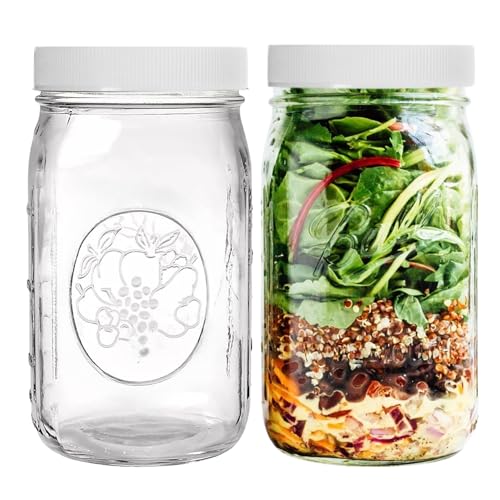 PR1M3 Wide Mouth Mason Jars 32 oz – 2 Pack Quart Size Jars with Airtight Lids and Bands & White Plastic Lid, Ideal for Meal Prep, Canning, Fermenting and DIY Projects, Microwave & Dishwasher Safe. - Image 1