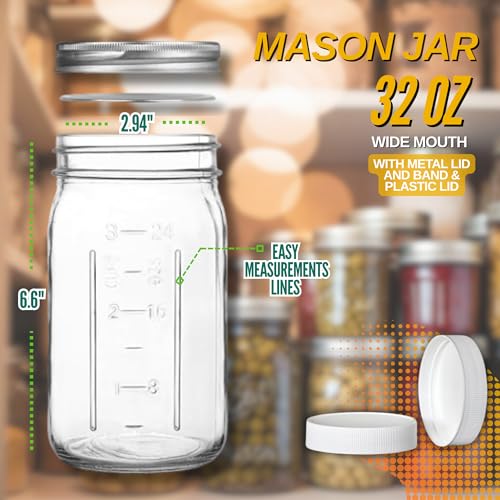 PR1M3 Wide Mouth Mason Jars 32 oz – 2 Pack Quart Size Jars with Airtight Lids and Bands & White Plastic Lid, Ideal for Meal Prep, Canning, Fermenting and DIY Projects, Microwave & Dishwasher Safe. - Image 5
