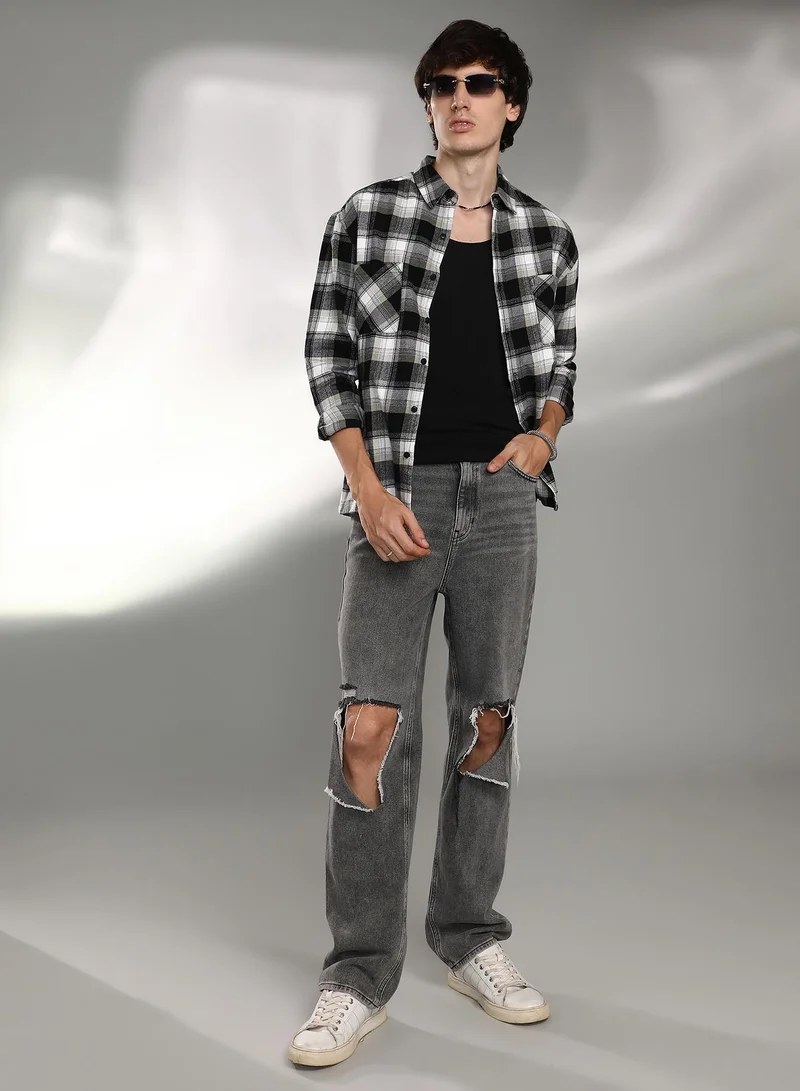Campus Sutra Campus Sutra Men's Onyx Black & Daisy White Tartan Plaid Shacket For Casual Wear | Spread Collar | Long Sleeve | Button Closure | Shirt Crafted With Comfort Fit For Everyday Wear