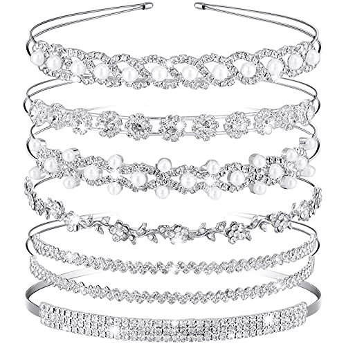 Mtlee 6 Pieces Rhinestones Wedding Headbands Crystal Flower Girl Leaves Crown Headband Tiara Women's Faux Pearl Rhinestones Princess Hairband Headdress for Bride Bridesmaids Wedding Party (Chic Pattern) - Image 1