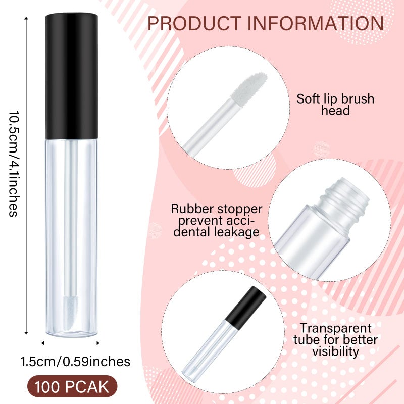 Nuanchu Nuanchu 100 Pcs 10 ml Empty Lip Gloss Tubes Clear Mini Refillable Lip Balm Gloss Containers Bottles Plastic Lip Gloss Containers Lip Gloss Tubes with Wand and Rubber Inserts DIY Makeup (Black)  - Image 2