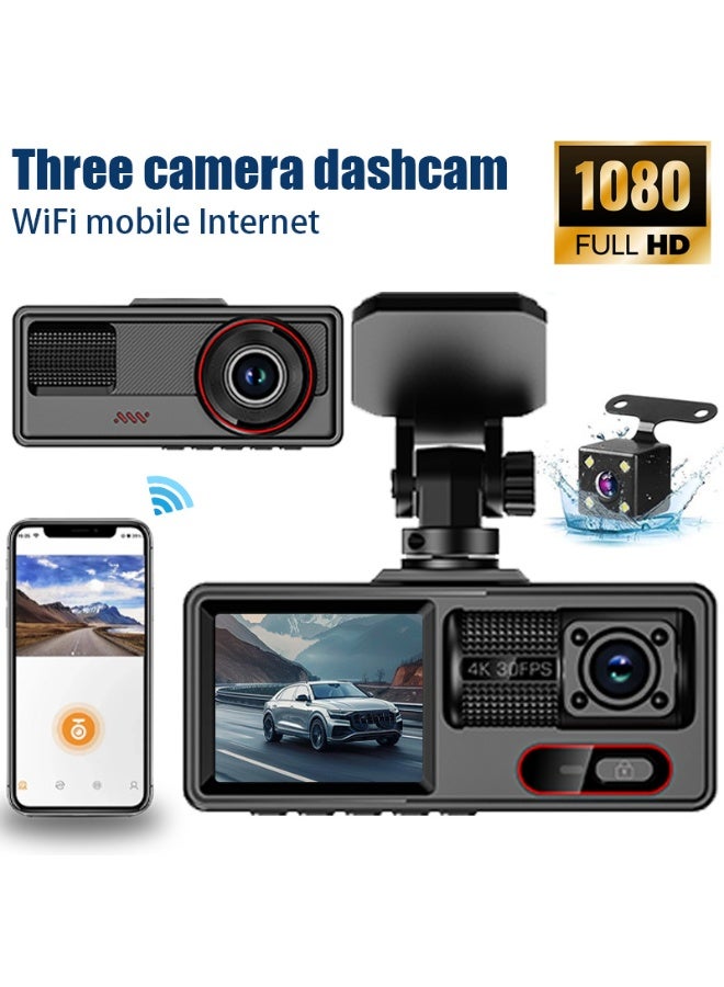 كاميرا داش عالية الدقة 1080 بكسل ثلاثية القنوات مزودة بتقنية واي فاي، بزاوية رؤية واسعة 170 درجة، ورؤية ليلية، ومستشعر تسارع، وشاشة مراقبة أثناء ركن السيارة، وتسجيل متواصل. - Image 5