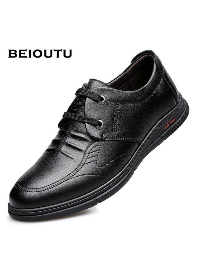 Beioutu Men's Leather Shoes, Business Casual Leather Shoes, British Style Lace-up Comfortable Soft-soled Leather Shoes, 7081 Black, Size 42 - Image 1