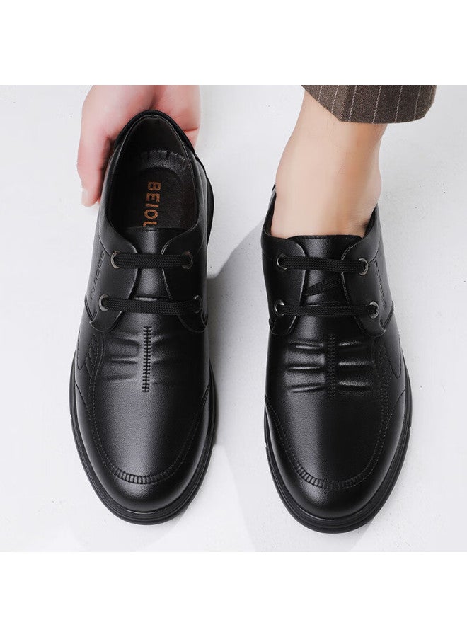Beioutu Men's Leather Shoes, Business Casual Leather Shoes, British Style Lace-up Comfortable Soft-soled Leather Shoes, 7081 Black, Size 42 - Image 2