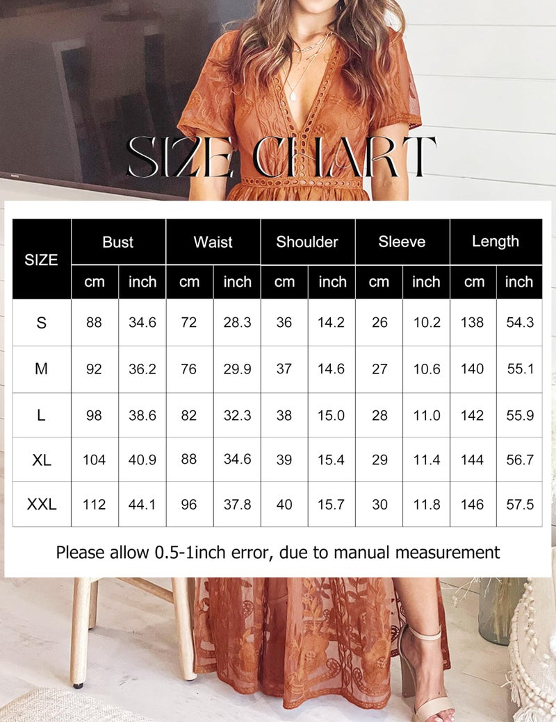 Eleter Women's Romper Dress for Wedding Guest Boho Maxi Floral Lace Wedding Dress Flowy Bridesmaid Beach Bridal Shower Dress(2XL,Burnt Orange) - Image 4