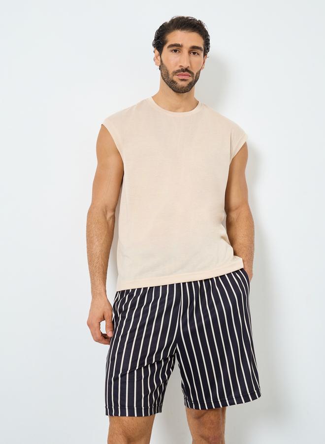Styli Solid Tank Top and Striped Shorts Set - Image 1