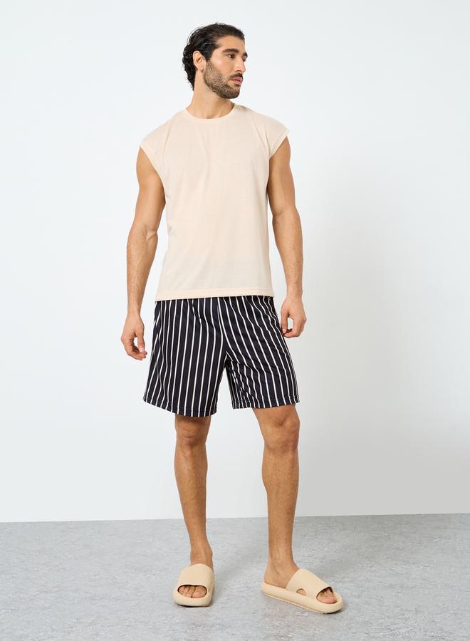 Styli Solid Tank Top and Striped Shorts Set - Image 2