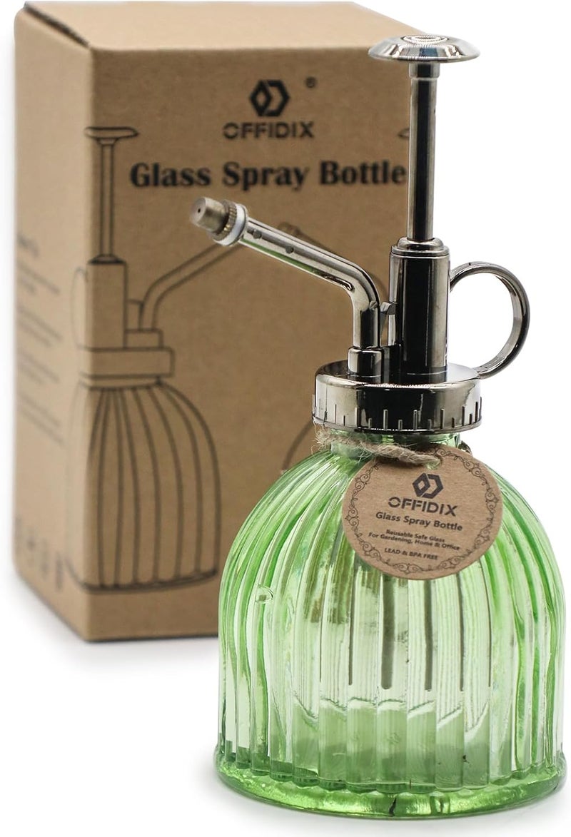 OFFIDIX Glass Plant Mister, 6.3 Inches Tall Vintage Style Spritzer Bronze Plastic Top Pump One Hand Watering Can Indoor Plant Spray Bottle for Garden, Plants, Cleaning (Light Green) - Image 1