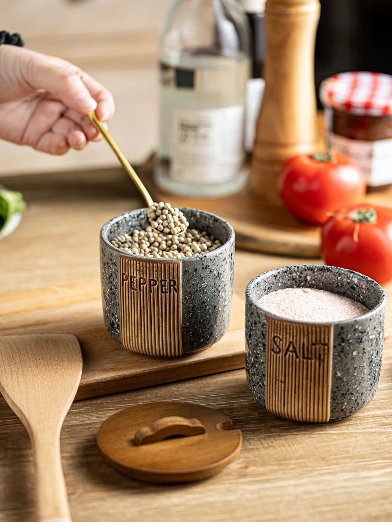 YHOJOY Salt and Pepper Bowl Ceramic, 10 Oz Salt Containers for Countertop Salt Cellar with Wooden Lid and Spoons, Salt and Pepper Set Marble Design, Gray - Image 3