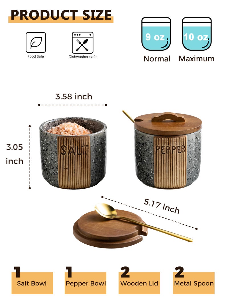 YHOJOY Salt and Pepper Bowl Ceramic, 10 Oz Salt Containers for Countertop Salt Cellar with Wooden Lid and Spoons, Salt and Pepper Set Marble Design, Gray - Image 2