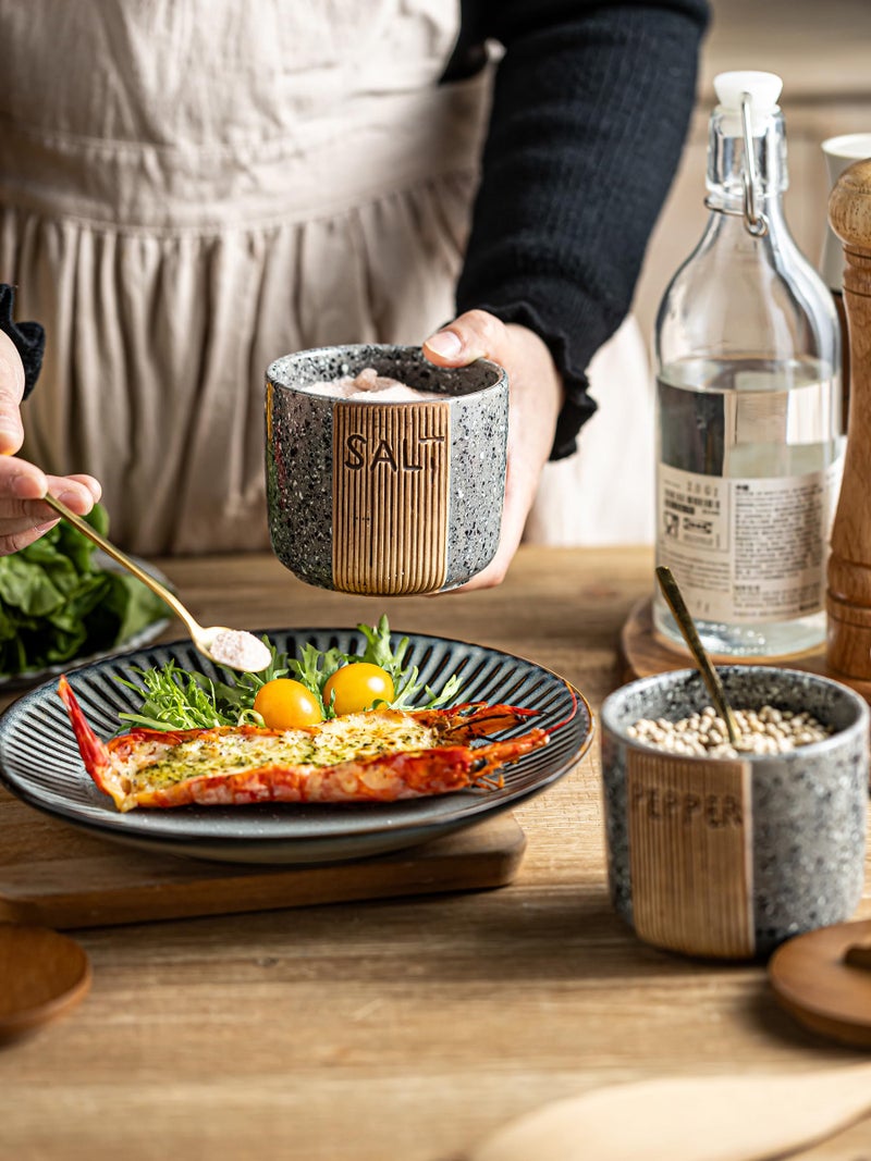 YHOJOY Salt and Pepper Bowl Ceramic, 10 Oz Salt Containers for Countertop Salt Cellar with Wooden Lid and Spoons, Salt and Pepper Set Marble Design, Gray - Image 4