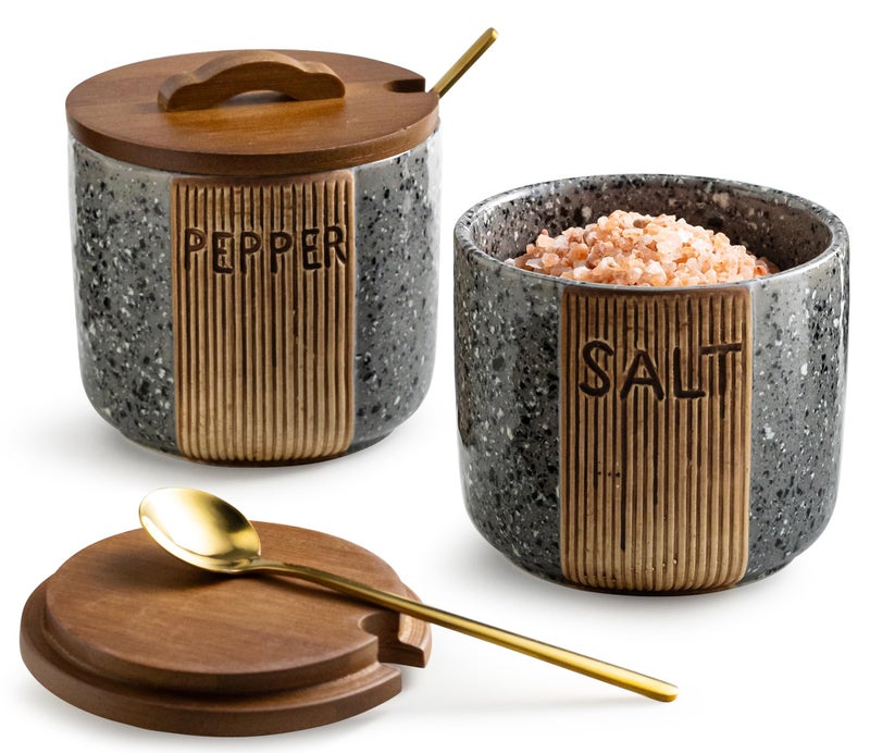 YHOJOY Salt and Pepper Bowl Ceramic, 10 Oz Salt Containers for Countertop Salt Cellar with Wooden Lid and Spoons, Salt and Pepper Set Marble Design, Gray - Image 1