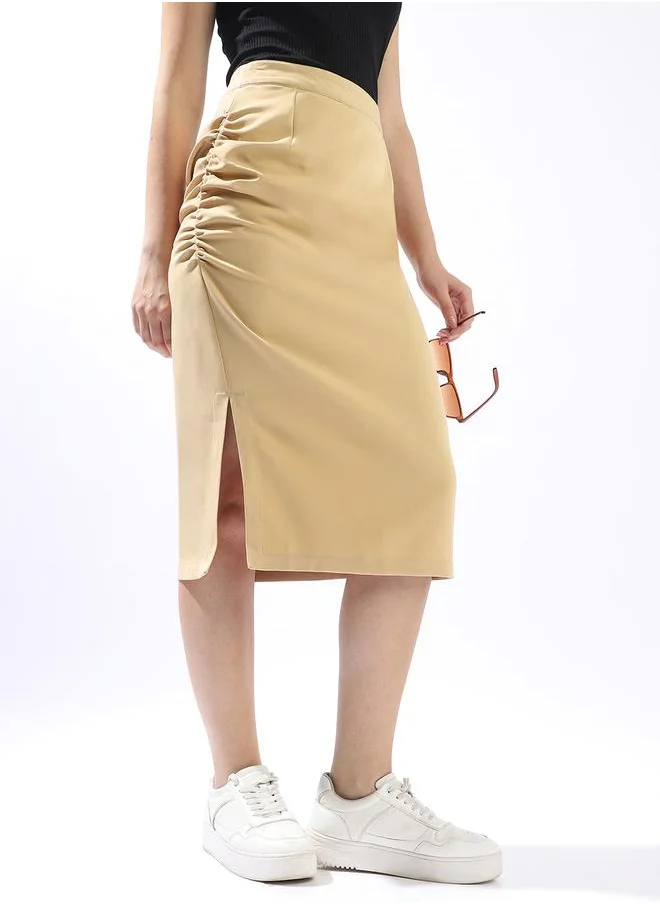 HIGH STAR Beige Slim Skirts for Women Slim Fit 91% Polyester 9% Spandex Slip on Closure