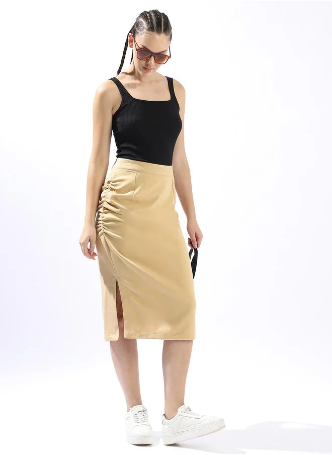 HIGH STAR Beige Slim Skirts for Women Slim Fit 91% Polyester 9% Spandex Slip on Closure