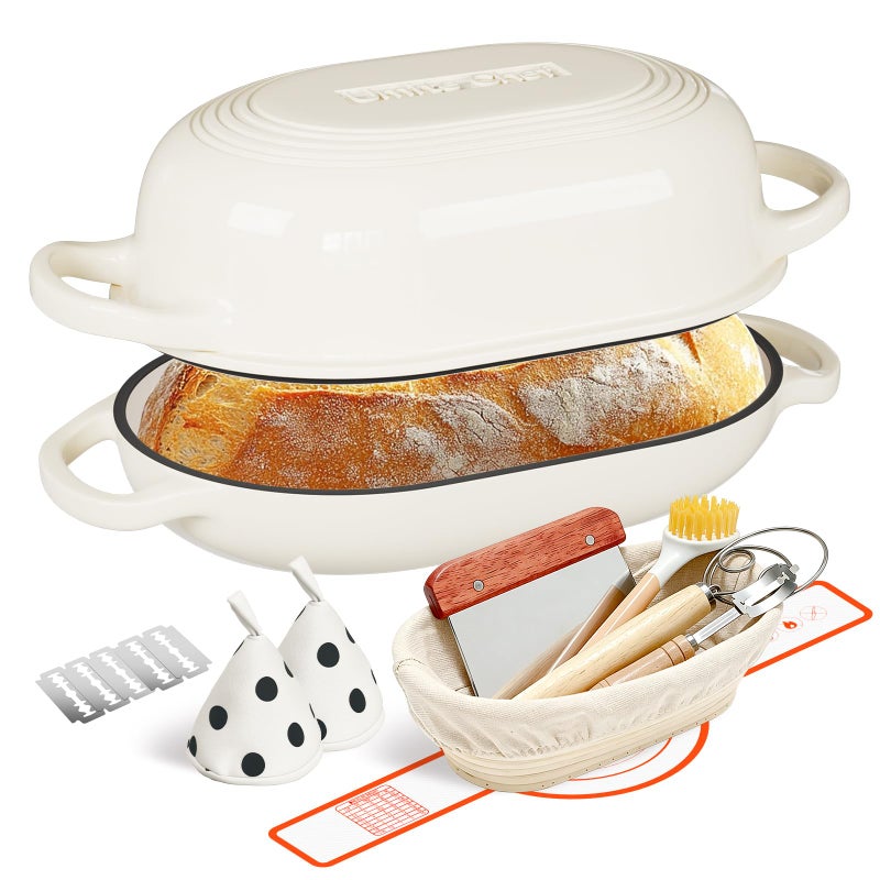 Umite Chef Enameled Cast Iron Dutch Oven for Bread Baking - incl. Sourdough Bread-Baking Supplies like Banneton Bread-Proofing Basket - 5QT Loaf Cast Iron Bread Oven Pan& Meatloaf Pan with Lid, Sour Sough Tools, Lame (Cream Whiteï¼‰ - Image 1