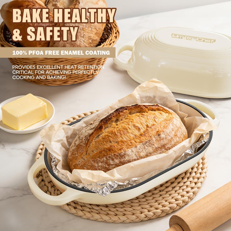 Umite Chef Enameled Cast Iron Dutch Oven for Bread Baking - incl. Sourdough Bread-Baking Supplies like Banneton Bread-Proofing Basket - 5QT Loaf Cast Iron Bread Oven Pan& Meatloaf Pan with Lid, Sour Sough Tools, Lame (Cream Whiteï¼‰ - Image 5
