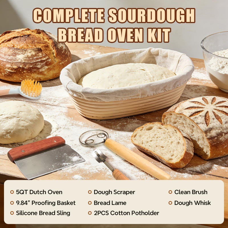Umite Chef Enameled Cast Iron Dutch Oven for Bread Baking - incl. Sourdough Bread-Baking Supplies like Banneton Bread-Proofing Basket - 5QT Loaf Cast Iron Bread Oven Pan& Meatloaf Pan with Lid, Sour Sough Tools, Lame (Cream Whiteï¼‰ - Image 4