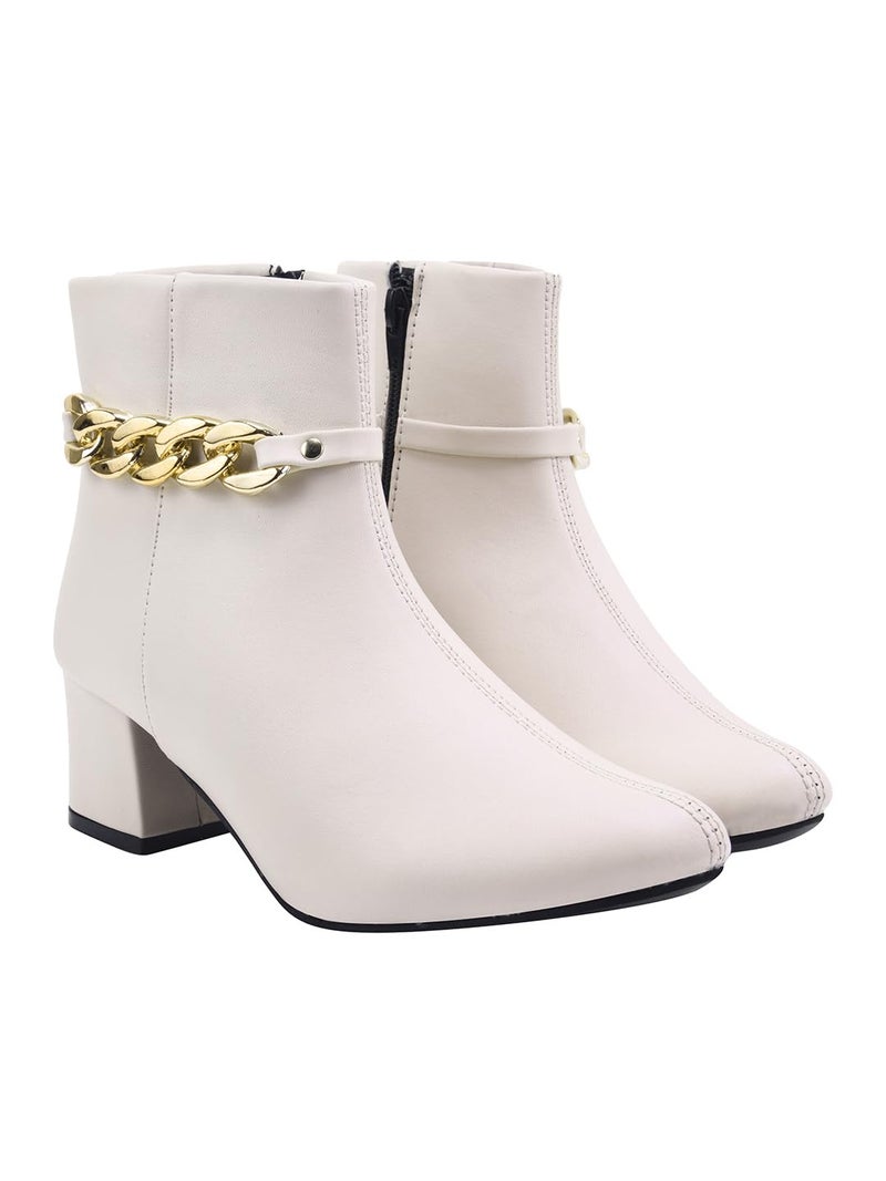 Shoetopia Women's Cream Synthetic Leather Ankle Boots – Stylish Block Heel Zip Closure Boots with Golden Buckle Detail for Casual & Party Footwear EU38 - Image 1