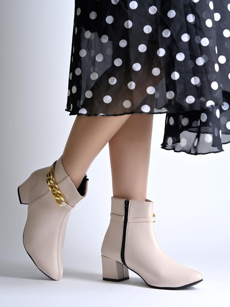 Shoetopia Women's Cream Synthetic Leather Ankle Boots – Stylish Block Heel Zip Closure Boots with Golden Buckle Detail for Casual & Party Footwear EU38 - Image 3