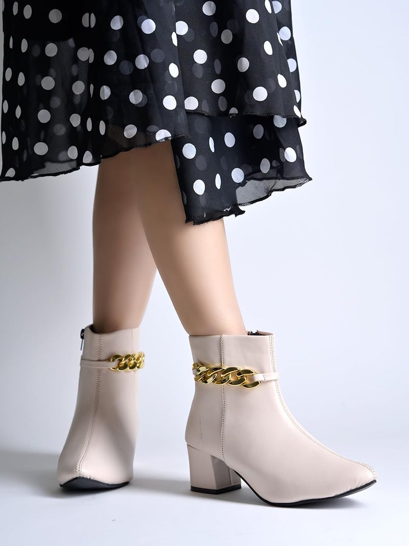 Shoetopia Women's Cream Synthetic Leather Ankle Boots – Stylish Block Heel Zip Closure Boots with Golden Buckle Detail for Casual & Party Footwear EU38 - Image 2