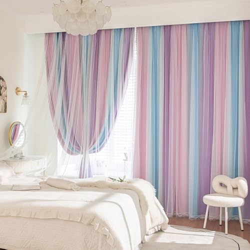 XiDi Girls Rainbow Blackout Curtains for Bedroom 2 Panels 63 Inches Long Thermal Insulated Pink Purple Double Layer Curtains with Sheer Overlay for Nursery Kids Room Decor Grommet Drapes W34XL63 - Image 3