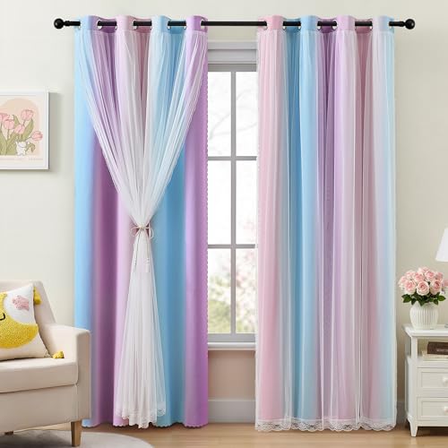 XiDi Girls Rainbow Blackout Curtains for Bedroom 2 Panels 63 Inches Long Thermal Insulated Pink Purple Double Layer Curtains with Sheer Overlay for Nursery Kids Room Decor Grommet Drapes W34XL63 - Image 1