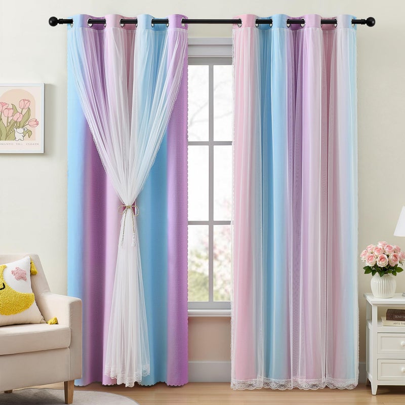 XiDi Girls Rainbow Blackout Curtains for Bedroom 2 Panels 63 Inches Long Thermal Insulated Pink Purple Double Layer Curtains with Sheer Overlay for Nursery Kids Room Decor Grommet Drapes W34XL63 - Image 2