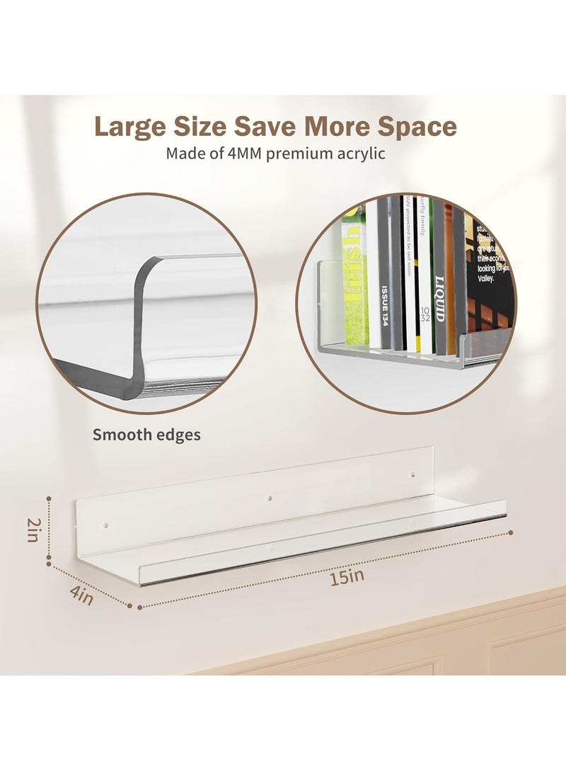 JOGAMS 2Pcs Clear Acrylic Shelf 15 Inch Invisible Floating Wall Ledge Bookshelf Book Display Shelves Wall Mounted Bathroom Kitchen Wall Ledge Shelf for Decoration and Organizer  - Image 3