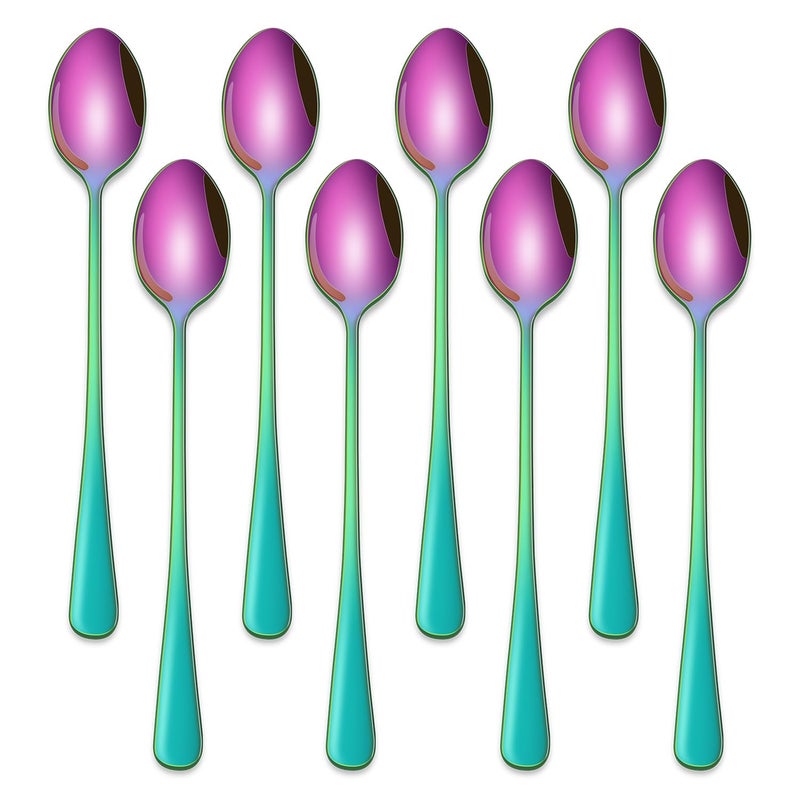 Dehov 7.5 Inches Rainbow Stainless Steel Ice Tea Spoon,Set Of 8 Long Handle Coffee Stirring Spoons,Multicolored Sundae Spoons,Colorful Cocktail Mixing Spoon - Image 1