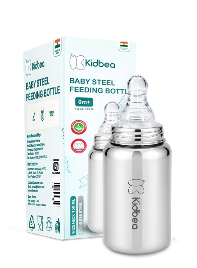 Kidbea Steel Baby Feeding Bottle 150ml | Baby Milk Bottle with Advanced Anti Colic Valve, Bpa Free, Soft Silicone Nipple, Wide Neck for Newborn & Infant Kids - Image 1