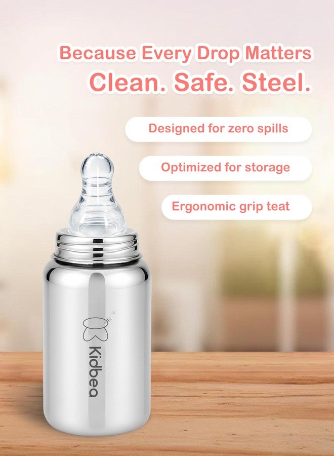 Kidbea Steel Baby Feeding Bottle 150ml | Baby Milk Bottle with Advanced Anti Colic Valve, Bpa Free, Soft Silicone Nipple, Wide Neck for Newborn & Infant Kids - Image 5