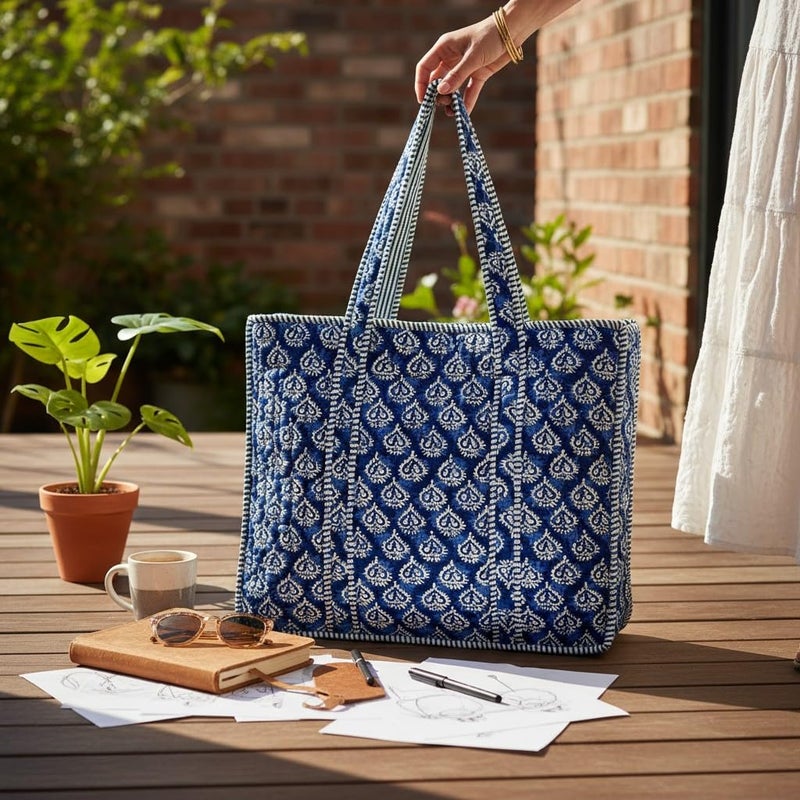 Third Eye Export 100% Cotton Quilted Tote Bag 18x16â€“ Large Zipper Beach Bag & Travel Bag Blue Purse Reusable Grocery Bags (Indigo Block Print) - Image 2