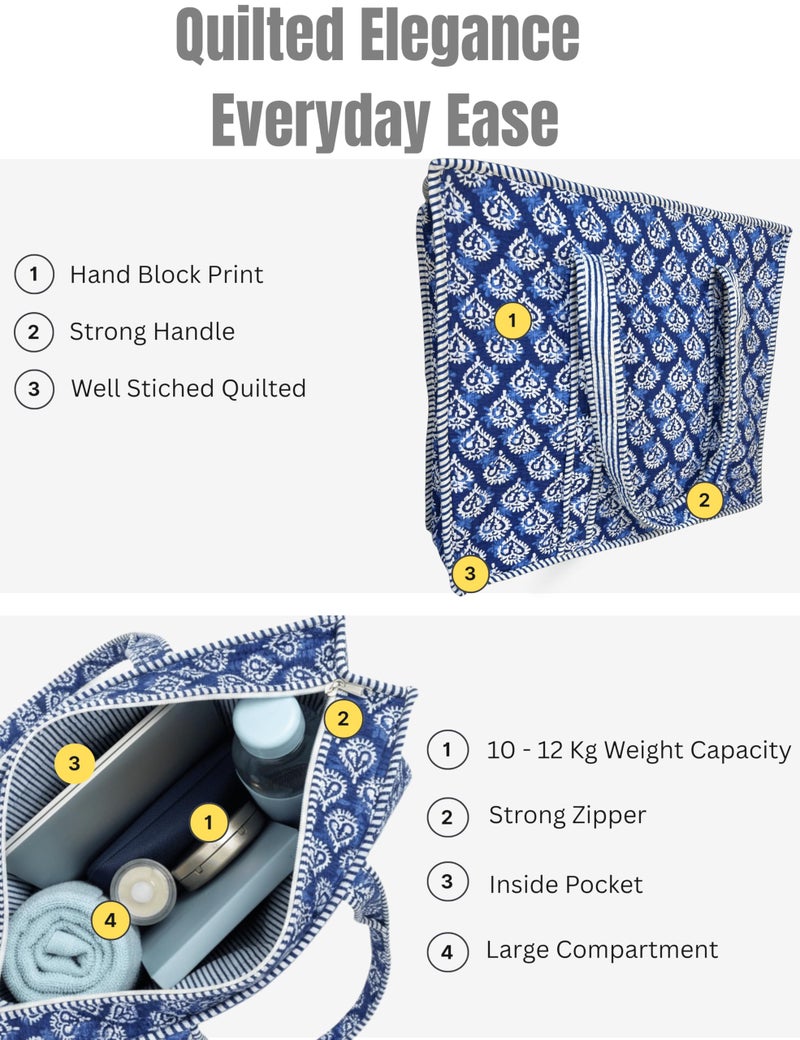 Third Eye Export 100% Cotton Quilted Tote Bag 18x16â€“ Large Zipper Beach Bag & Travel Bag Blue Purse Reusable Grocery Bags (Indigo Block Print) - Image 4