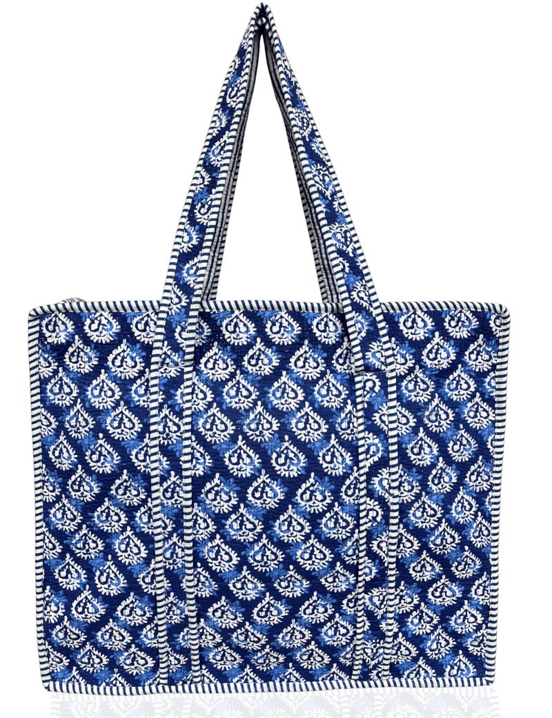 Third Eye Export 100% Cotton Quilted Tote Bag 18x16â€“ Large Zipper Beach Bag & Travel Bag Blue Purse Reusable Grocery Bags (Indigo Block Print) - Image 1