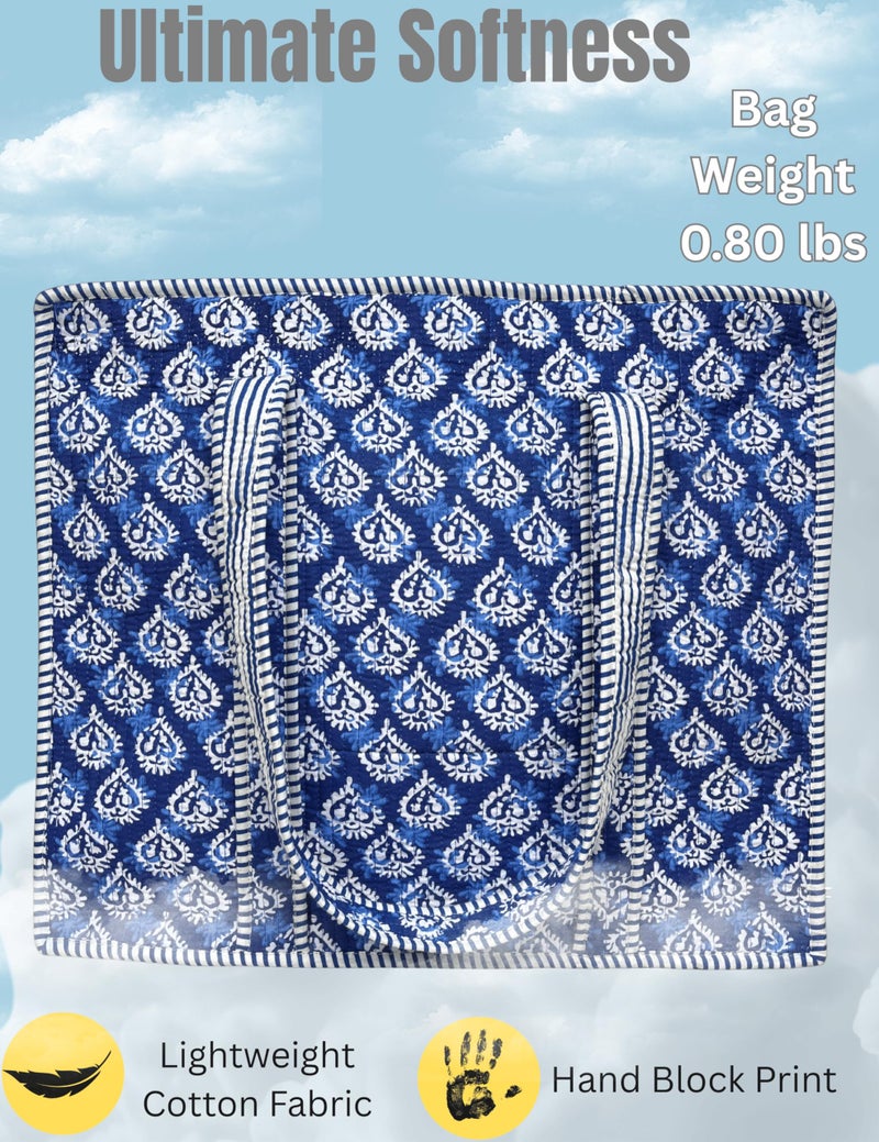 Third Eye Export 100% Cotton Quilted Tote Bag 18x16â€“ Large Zipper Beach Bag & Travel Bag Blue Purse Reusable Grocery Bags (Indigo Block Print) - Image 3