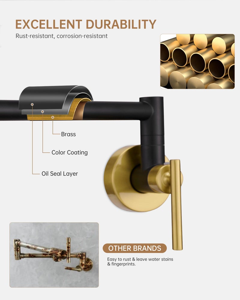 Fransiton Black Gold Pot Filler, Pot Filler Faucet Wall Mount, Brass Folding Stretchable with Double Joint Swing Arm Single Hole Two Handles Kitchen - Image 4