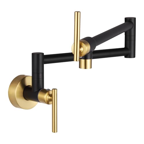 Fransiton Black Gold Pot Filler, Pot Filler Faucet Wall Mount, Brass Folding Stretchable with Double Joint Swing Arm Single Hole Two Handles Kitchen - Image 1