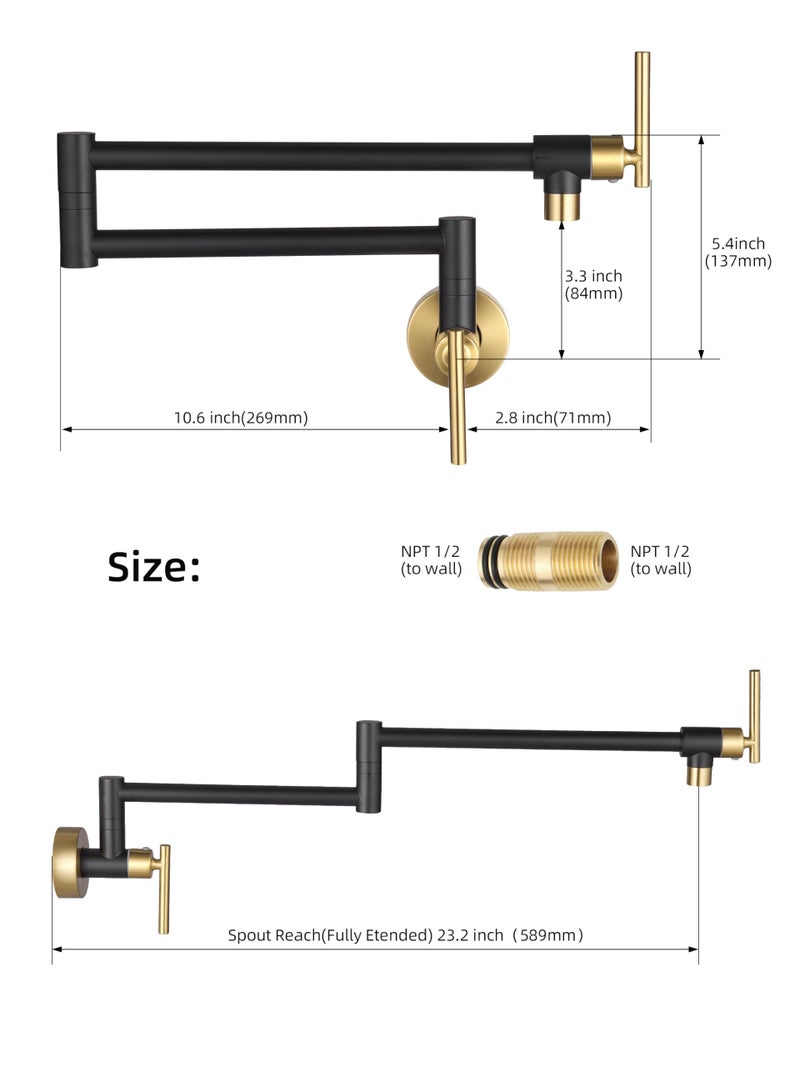 Fransiton Black Gold Pot Filler, Pot Filler Faucet Wall Mount, Brass Folding Stretchable with Double Joint Swing Arm Single Hole Two Handles Kitchen - Image 5