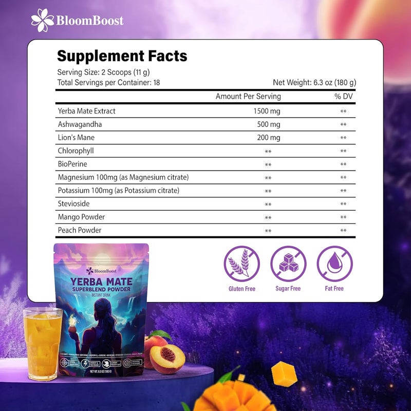 BloomBoost مسحوق شاي ييربا ماتي الفوري من بلوم بوست مع الأشواغاندا ومانة الأسد - نكهة الخوخ والمانجو - 6.34 أونصة (18 حصة) - مزيج سوبر فود خالي من السكر وخالي من الغلوتين - Image 2